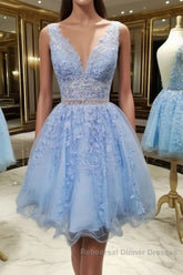 V Neck Short Blue Lace Semi Formal Prom Dresses, Short Blue Lace Formal Homecoming Dresses
